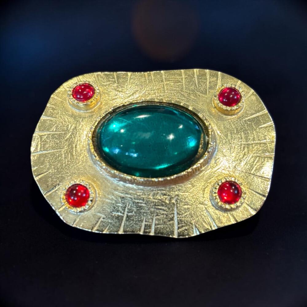 Vintage Emerald Green Red Cabochon Brooch Gold Modernist Atomic Statement